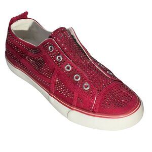 True Religion Women's Rhinestone-Studded Canvas Slip-On Sneakers Red & White